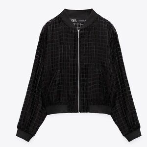 New Zara Semi-Sheer Textured Black Bomber Jacket